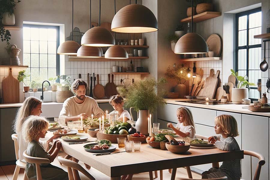 Familie aan de tafel aan het eten