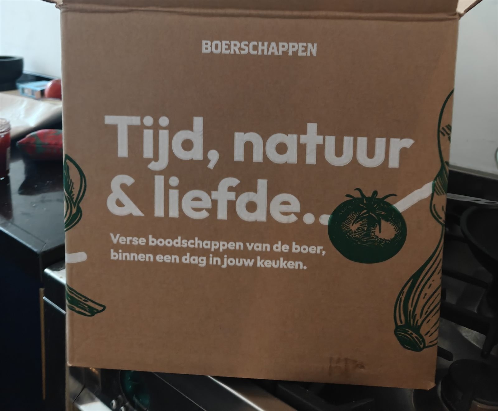 De doos van Boerschappen met de tekst Tijd, natuur en liefde
